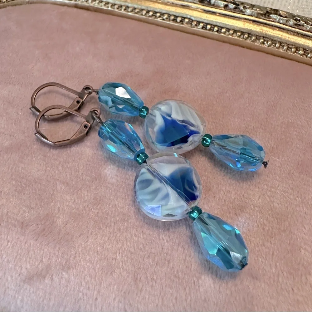 Handmade Antique Copper Teal Blue Green Glass Long Boho Earrings Leverback - Picture 6 of 10